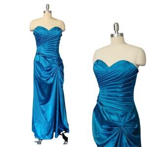 90s Y2K Prom Dress Maxi Gown Size L Teal Strapless Ruched Satin Formal Dance